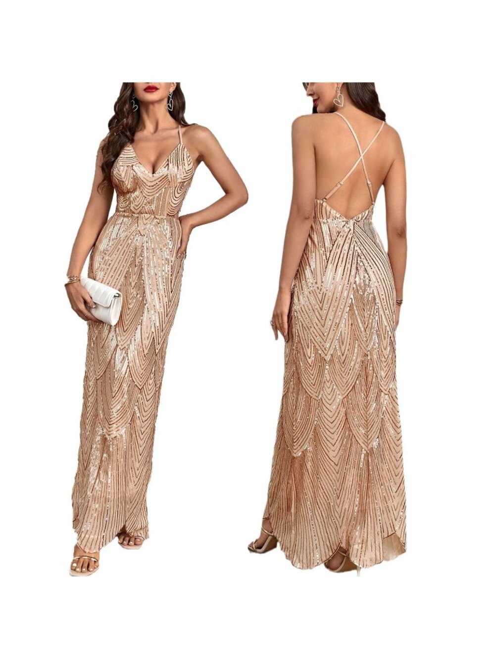 V Neck Spaghetti Straps Sequin Sparkly Irregular Hem Dress Backless Gown Small